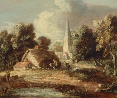 Landschaft mit Hütte und Kirche von Thomas Gainsborough